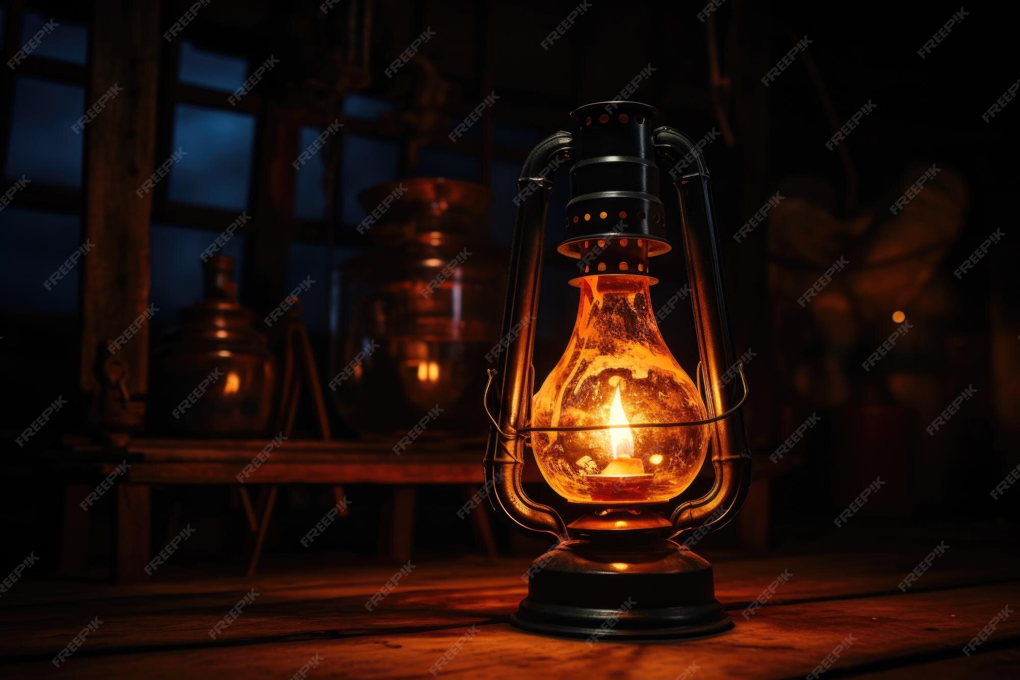 Premium AI Image Burning oil lantern beside led lightbulb