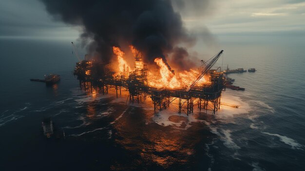 ドローンの空中写真から見た海の燃える石油プラットフォーム