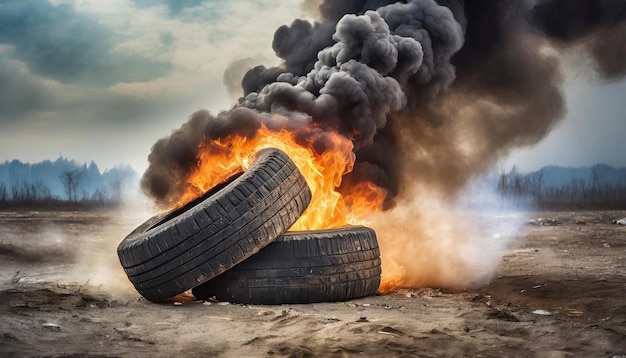 어두운 독성 연기 로 오래된 자동차 타이어 를 태우는 뜨거운 불꽃