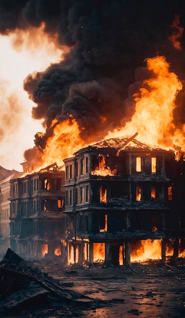 Burning old house in the city Fire in the city The concept of the consequences of war