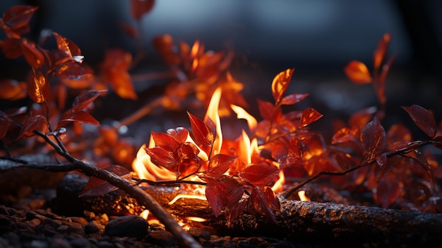 Foto foglie d'arancio che bruciano nel parco autunnale da vicino ai generativo