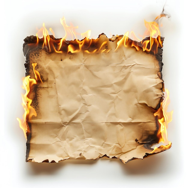 Foto carta in fiamme isolata su sfondo bianco