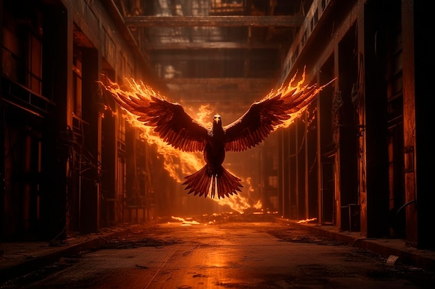 A burning phoenix bird flies over a building.