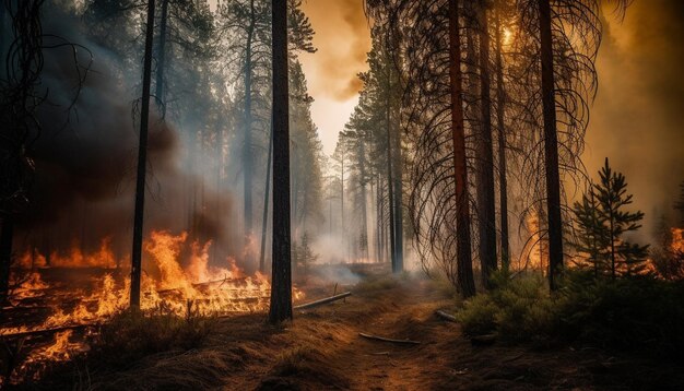 Burning pine tree illuminates dark forest in fiery inferno generated by AI