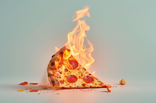 Burning pizza slice of pizza on fire Italian pie in flames spicy food burning calories weight loss and healthy diet concept Fit motivation discipline regime healthy food choices burn fat