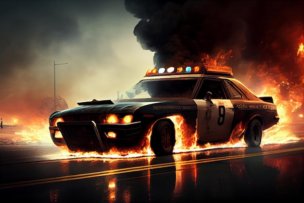 Burning police car on the highway AI Generated