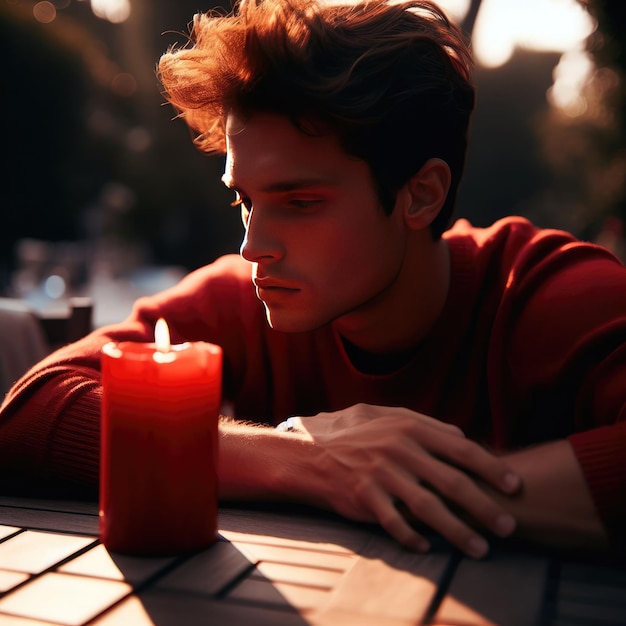 burning red candle on a wooden table background for social media proects