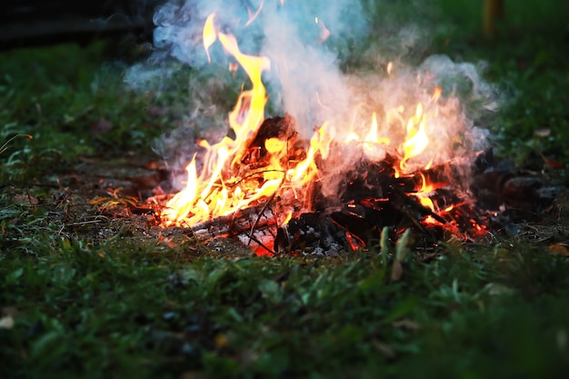 燃える赤い熱い火花が大きな火から飛ぶ燃える石炭の炎の粒子が飛び散る
