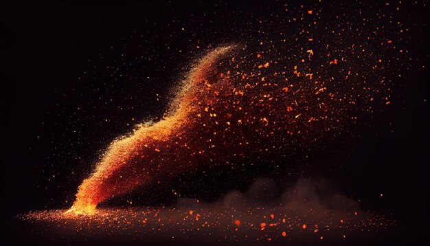 Горящие красные горячие искры летят от большого огня в ночном небе Абстрактный фон на тему огненного света и жизни