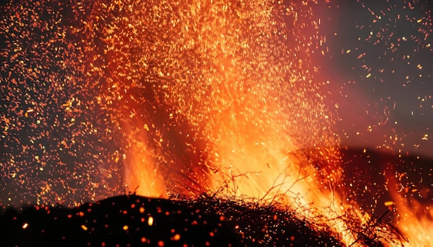 Burning red hot sparks rise from a large fire in the night sky