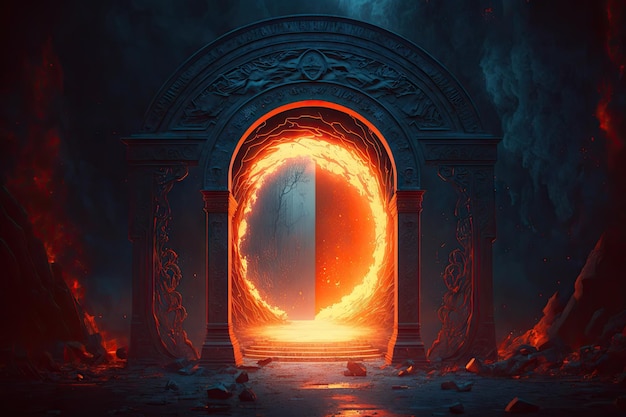 Burning red portal as entrance to gate to hell