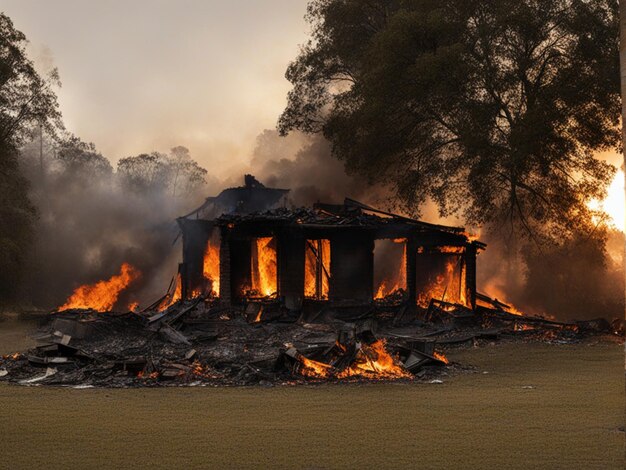 The burning remains of a house