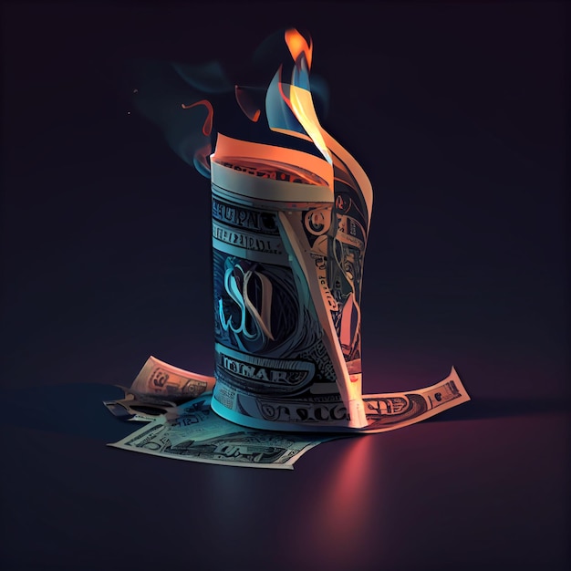 A burning roll of dollar bills is being burned on a purple background.