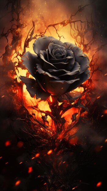 Burning rose on a dark background Fire and smoke Conceptual image