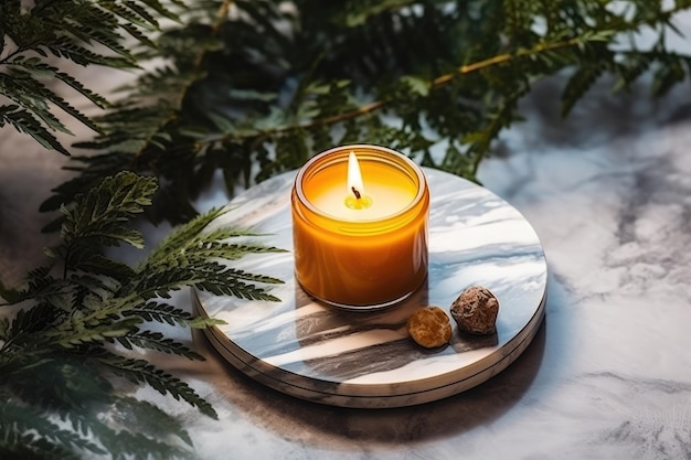 Burning scented candle in a glass jar