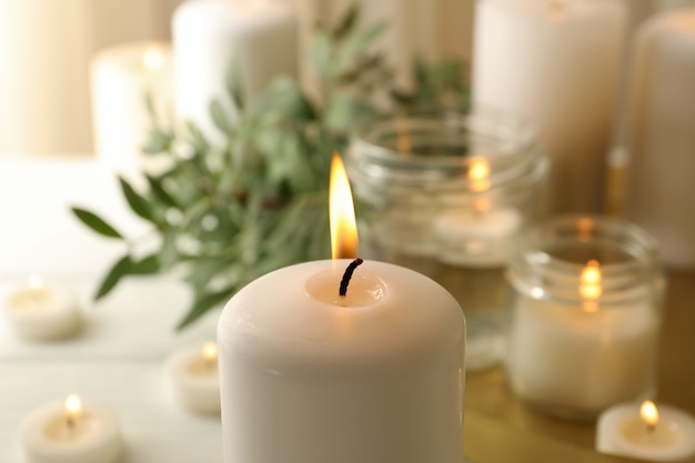 Burning scented candles for relax, close up