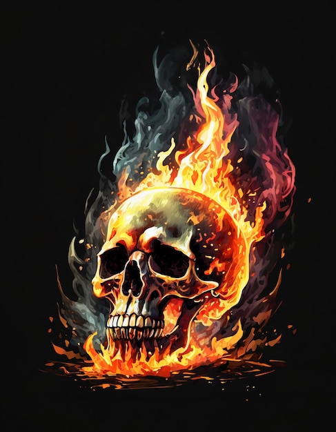 Photo burning skull isolated on black background