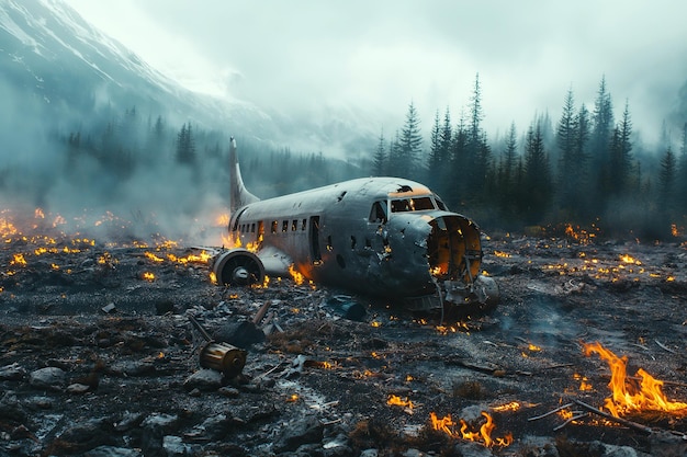 burning and smoking wreckage of passenger plane that crashed in the forest