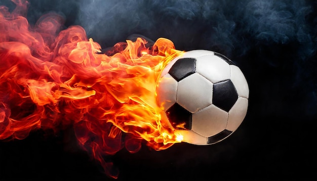 Foto palla da calcio o da calcio in fiamme con fumo fiamma arancione calda sport attivo sfondio nero