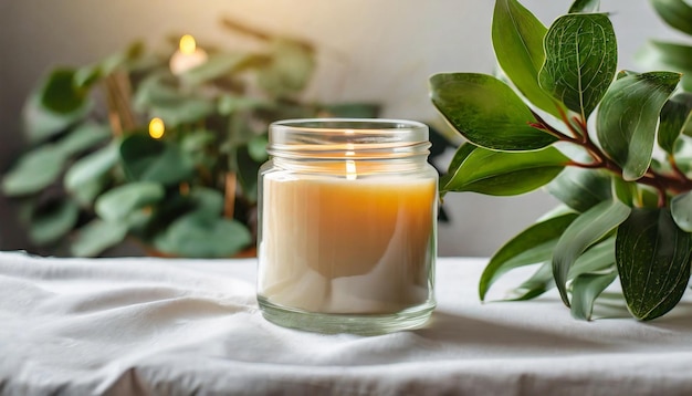 Burning soy candle in glass jar and green leaves of plant