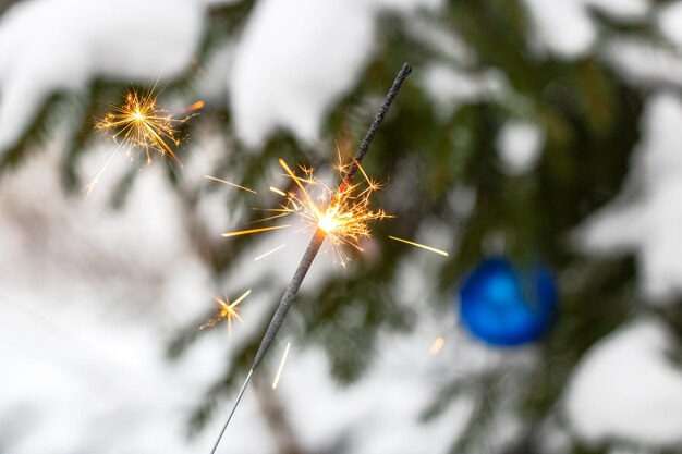 Burning sparkler against a background of spruce with snow