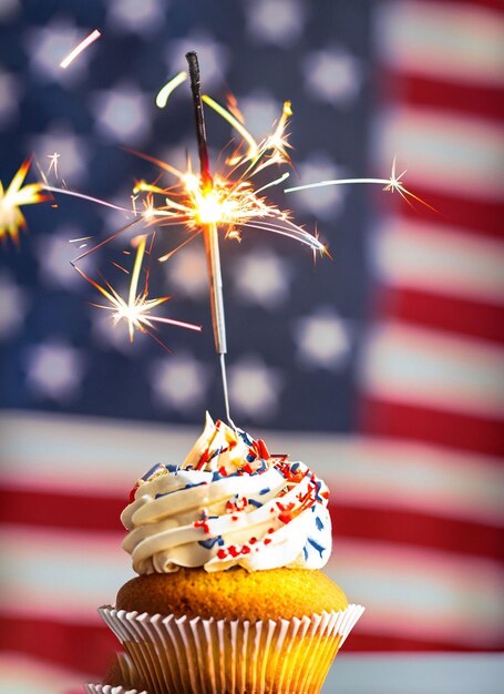 Burning sparkler on cupcake against defocused usa flag background generative ai