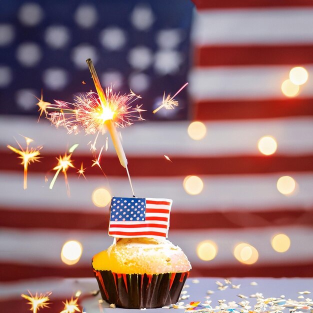 Burning sparkler on cupcake against defocused usa flag background generative ai