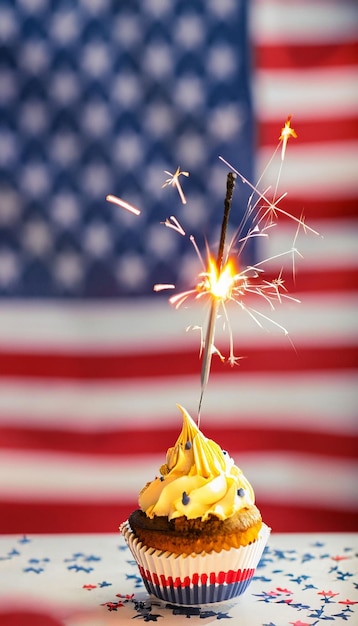 写真 多重アメリカ国旗背景生成 ai に対してカップケーキに線香花火を燃やす