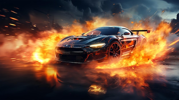 Burning sports car on the road