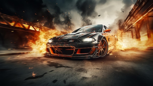 Burning sports car on the road