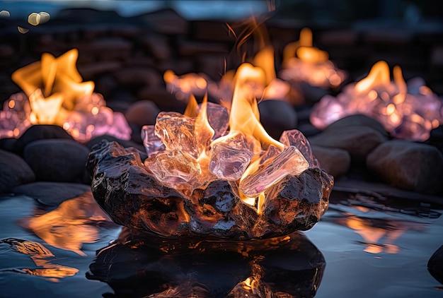 burning stones with flames from an outdoor burner in the style of