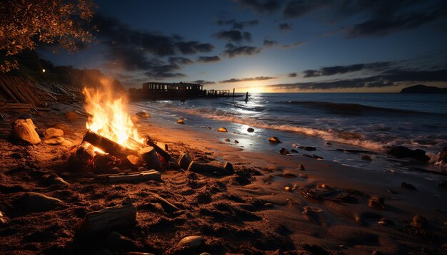 Burning sunset heat firewood tranquil seascape glowing dusk generated by AI