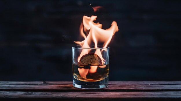 Burning tequila glass on dark backdrop