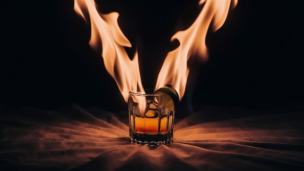 Burning tequila glass on dark backdrop