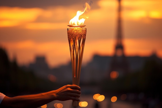 Burning torch in a hand of athlete as a symbol of the Olympic Games in Paris France Eiffel tower on background Olympic games 2024 flame in Paris