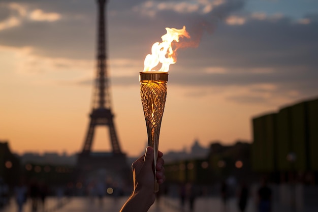 Burning torch in a hand of athlete as a symbol of the Olympic Games in Paris France Eiffel tower on background Olympic games 2024 flame in Paris