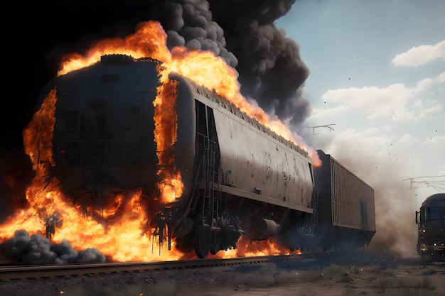 Burning train car on fire accident on train yard Neural network generated art