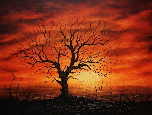 Burning tree silhouettes against fiery sunset sky