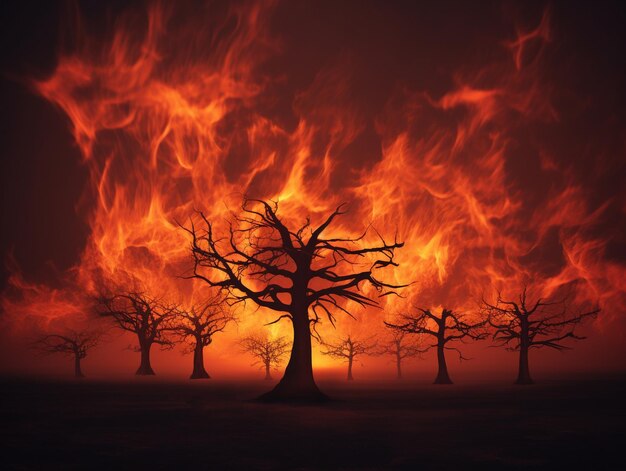 Photo burning tree silhouettes against fiery sunset sky