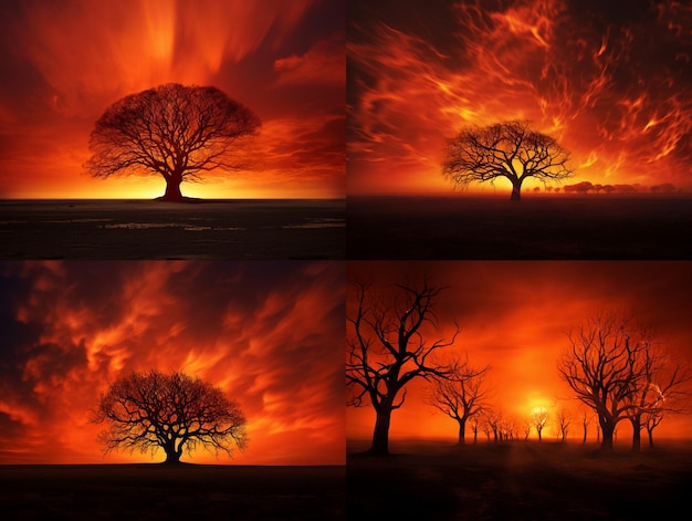 Burning tree silhouettes against fiery sunset sky