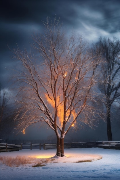 Burning tree in the winter