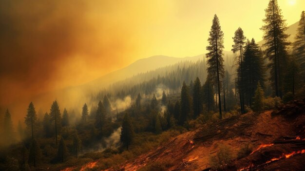 Burning trees from wildfires and smoke cover the landscape