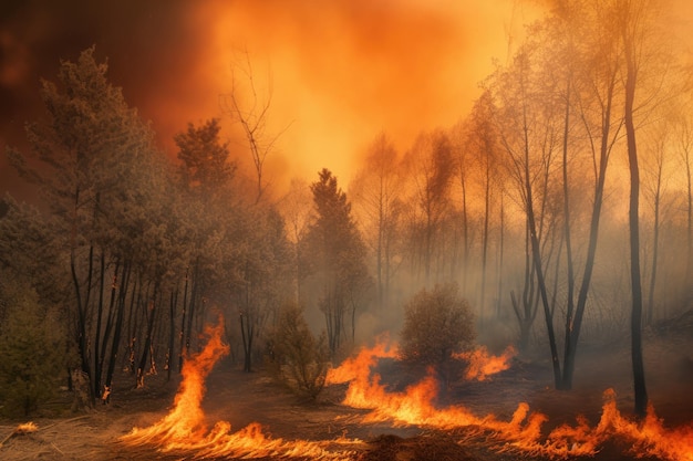 Burning trees and grass in forest during fire