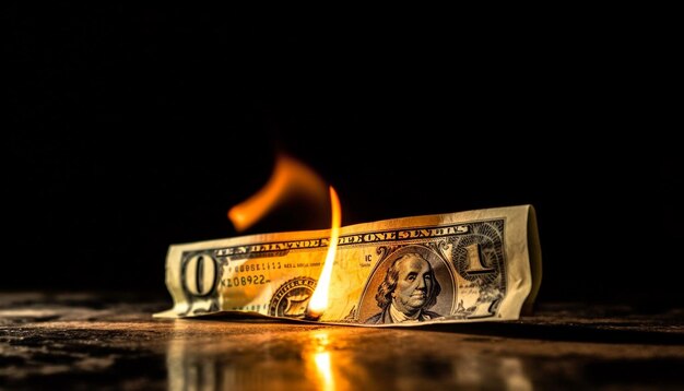 Photo burning us paper currency stack risks financial loss generated by ai