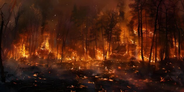 저녁에 불타는 마을 불타는 숲 배경 아이 생성