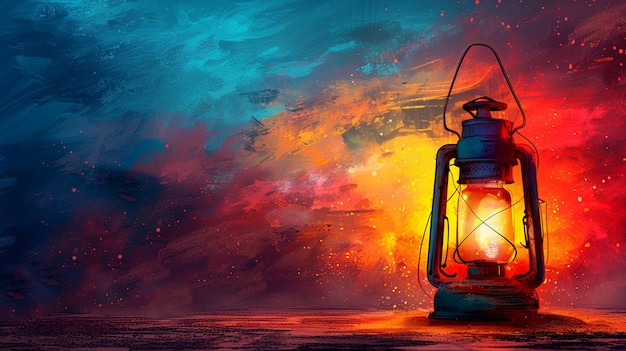 Burning vintage lamp illustration in old painting