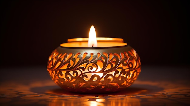 Burning wax candle with floral ornament on dark background 3d rendering Generative AI