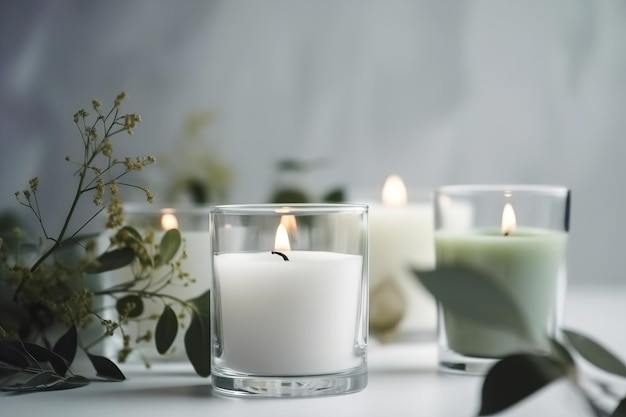 Burning white scented candles in a glass on a table with plants nearby in a minimalist style