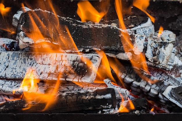 Burning wood in a brazier mangal or bbq