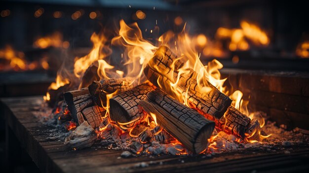 Photo burning wood in the fireplacegenerative ai